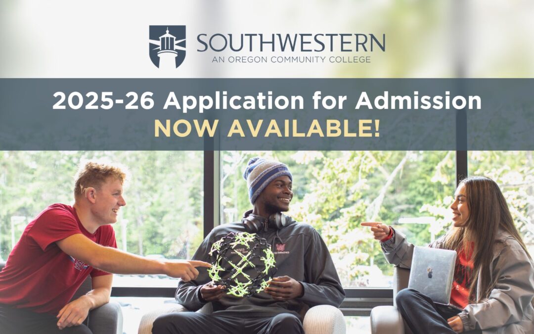 Image of three students (two male, one female) sitting in front of window in a group study with SWOCC logo above them. Text reads "2025-26 Application for Admission NOW AVAILABLE!"