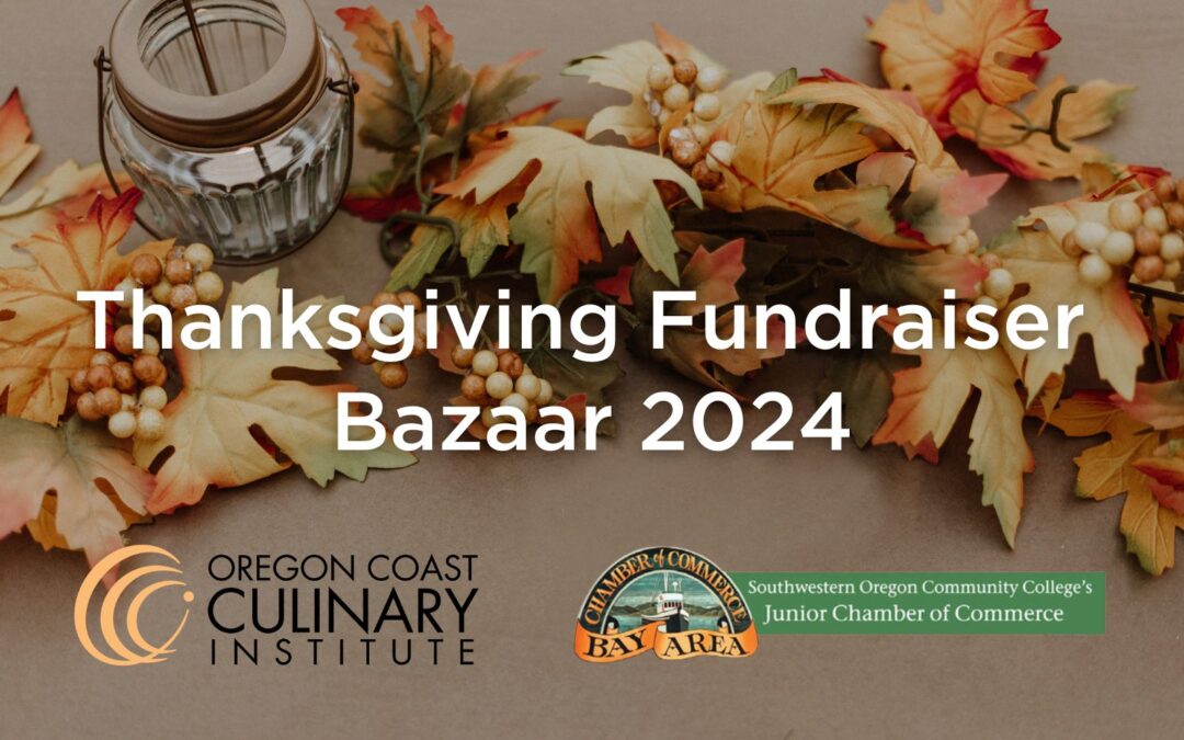 Photo of fall leaves and candle creating a Thanksgiving tablescape. Logo of OCCI and Junior Chamber of Commerce. Text reads "Thanksgiving Fundraiser Bazaar 2024"